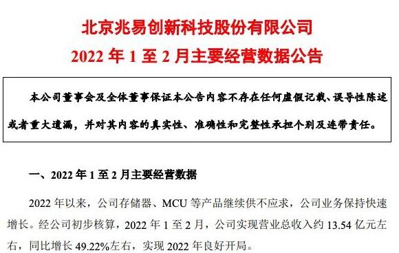 兆易创新今年1至2月营收约 13.54 亿元 同比增长49.22% 