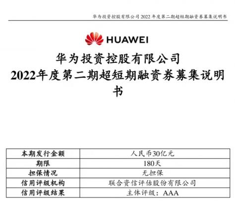 华为发行30亿元180 天超短期融资券，年内已融资140亿元