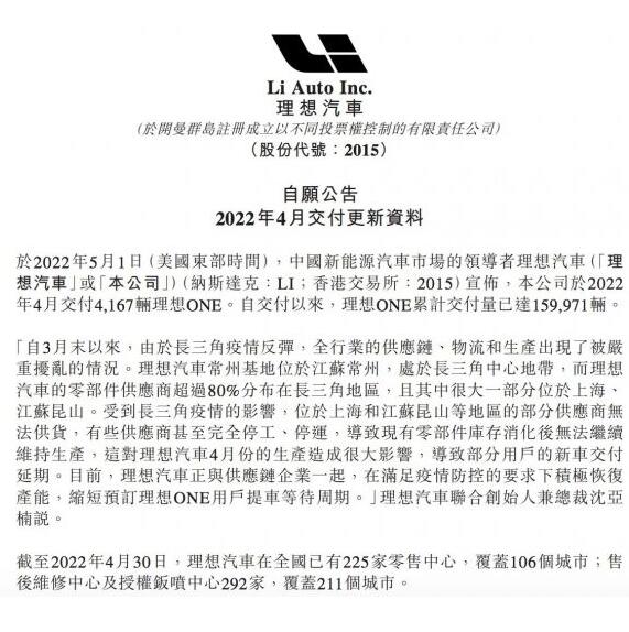 理想汽车：今年4月交付4167辆理想ONE 累计交付量近16万辆