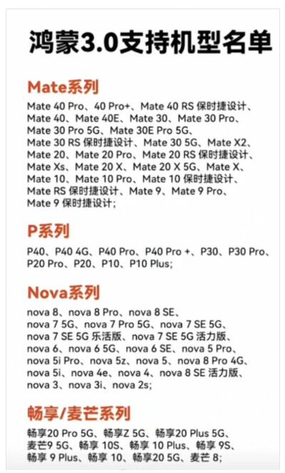 消息称华为鸿蒙3.0适配的机型包括Mate 40系统